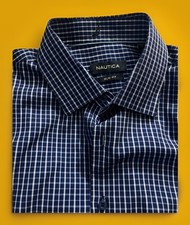 Nautica Men's Slim Fit performance dress shirt with a blue and white check/plaid