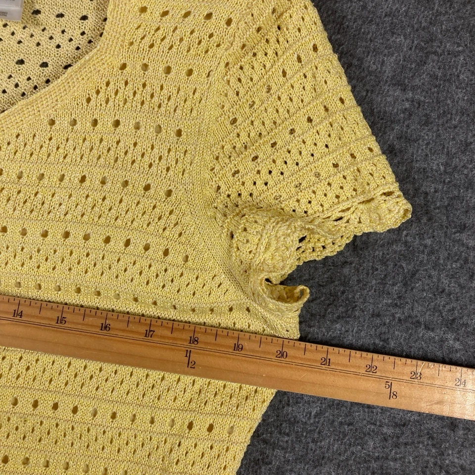 Emma James Crochet Top Womens XL Yellow Open Knit Short Sleeves V neck Feminine - Image 3 of 4