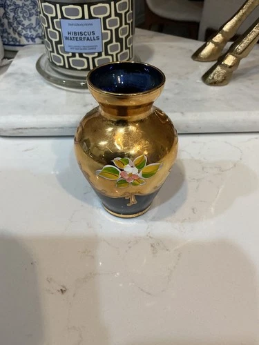 Vintage Murano Glass Cobalt Gold Hand Painted Small 4" Vase Made in Italy Exc