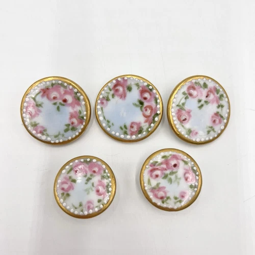 Set Of 5 Antique Round Porcelain Hand Painted Buttons Roses