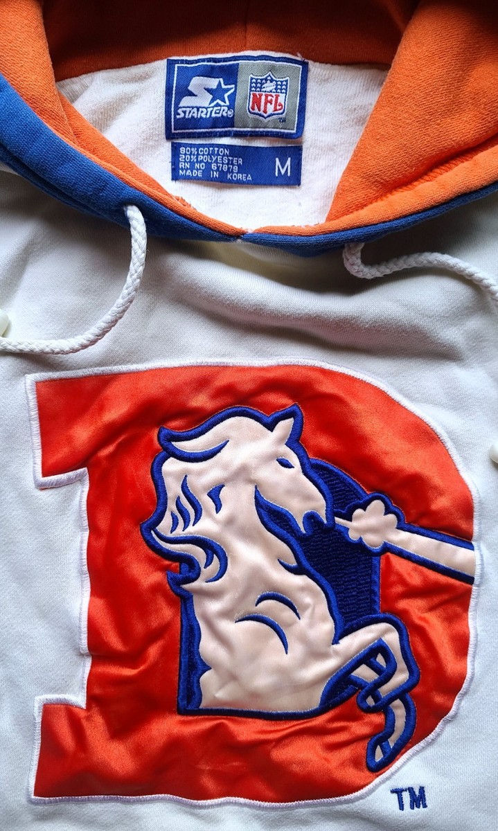 Denver Broncos 90s STARTER hoodie sweatshirt M white blue orange