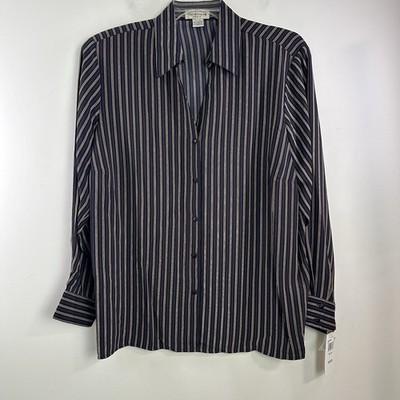 Notations Womens Button Up Shirt 2X Black Tan Stripes V Neck Career Office New