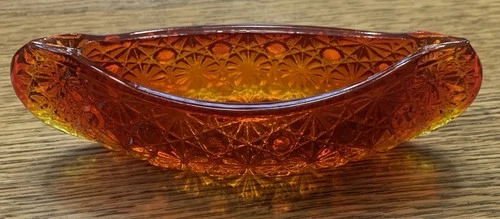 Fenton V Glass Canoe Red/Amberina with A Daisy & Button Design 6” Trinket Dish