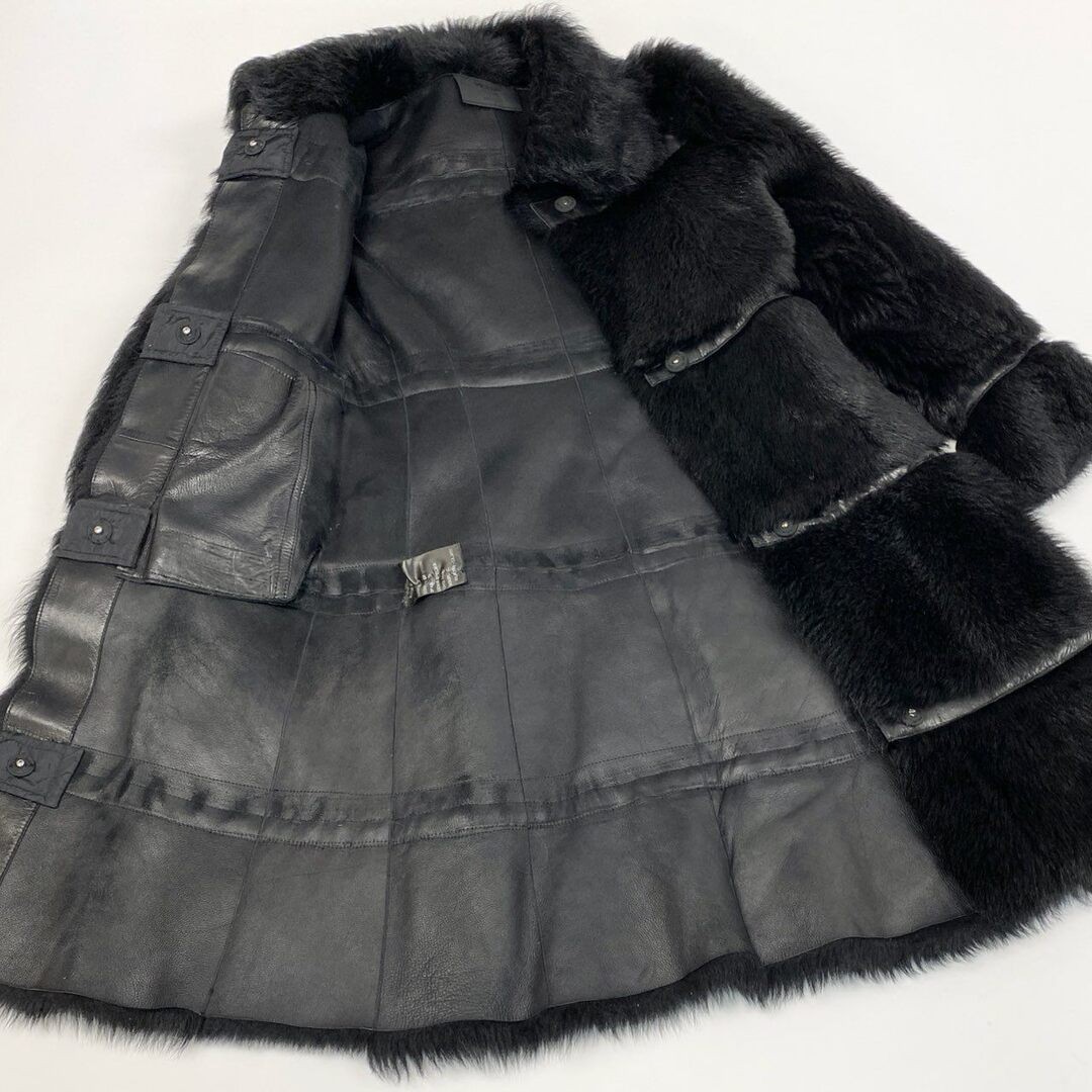 38b9 Vintage PRADA Real Fur Coat Mouton Leather Long Black Sheep Used AYAN-0 thumbnail 7