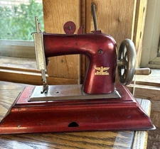 Vtg German Casige Child's Sewing Machine Hand Crank Red Child Size for Children