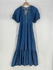 Old Navy Maxi Dress Womens XS Blue Denim Cotton Split Neck Short Puff Sleeve