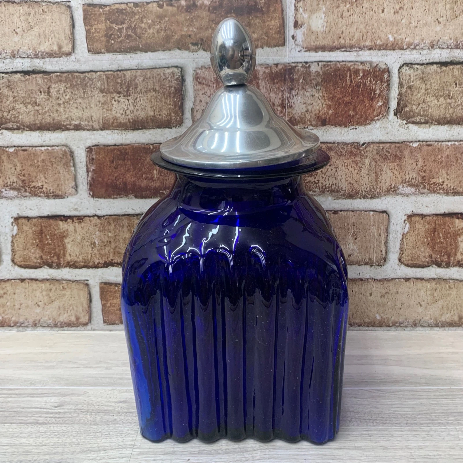 Vintage Cobalt Blue Ribbed Glass Apothecary Jar with Silver Metal Lid