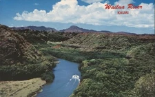 Hawaii Wailua River with Boat and Lush Valley Landscape W. J. Senda Postcard