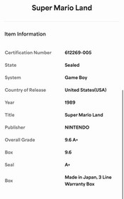 9.6 A+ PSA Super Mario Land Yellow Screenshots WATA VGA CGC New Nintendo Gameboy