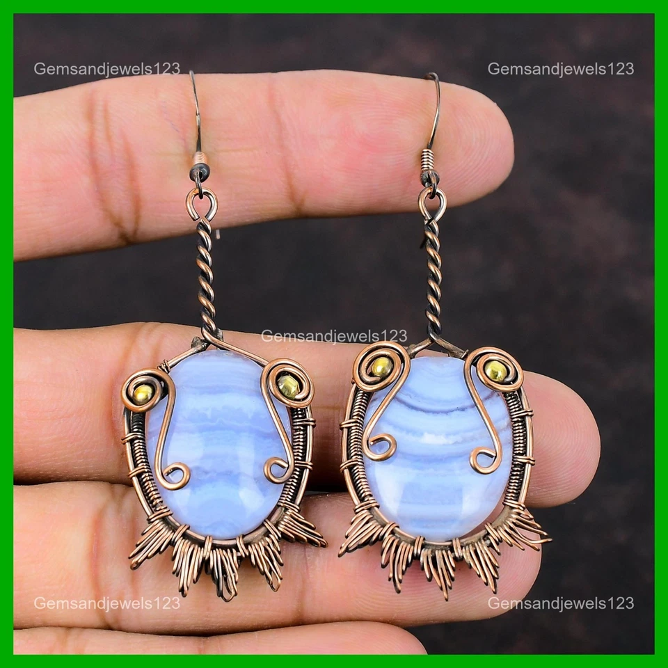 Натуральный синий кружева агата проволоки обернутый подвеской падение шикарный серьги ювелирных изделий меди - Изображение 3 из 4