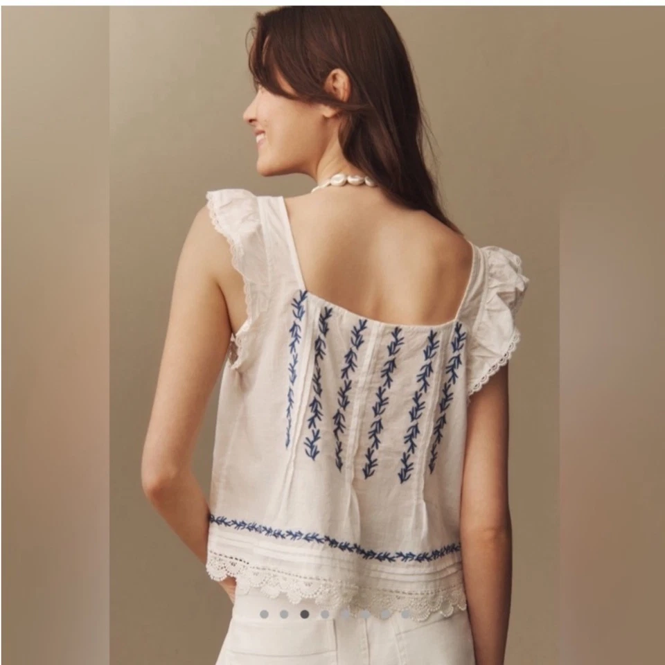 Maeve Anthropologie Women's XS White Blue Embroidered Lace Trim Pintuck Blouse - Image 2 of 4