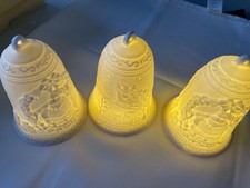 HOME REFLECTIONS SET OF 3 WHITE PORCELAIN CHRISTMAS LED LIGHT UP BELLS SANTA WOW