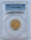 1907  Liberty Gold Half Eagle $5 Coin -  PCGS graded MS64  - free shipping!!!!