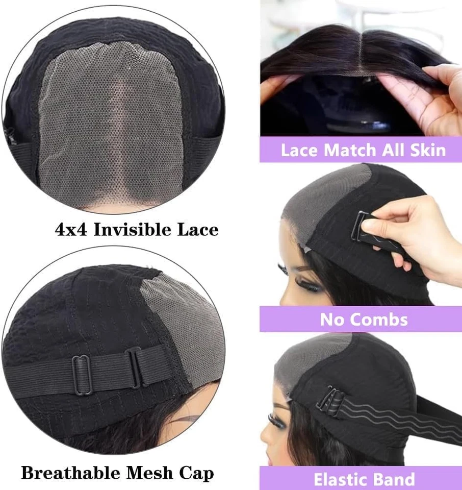 Wear and Go Glueless Wigs Human Hair Pre Plucked Pre Cut 4x4 Body Wave Bob Wig - Image 4 of 4