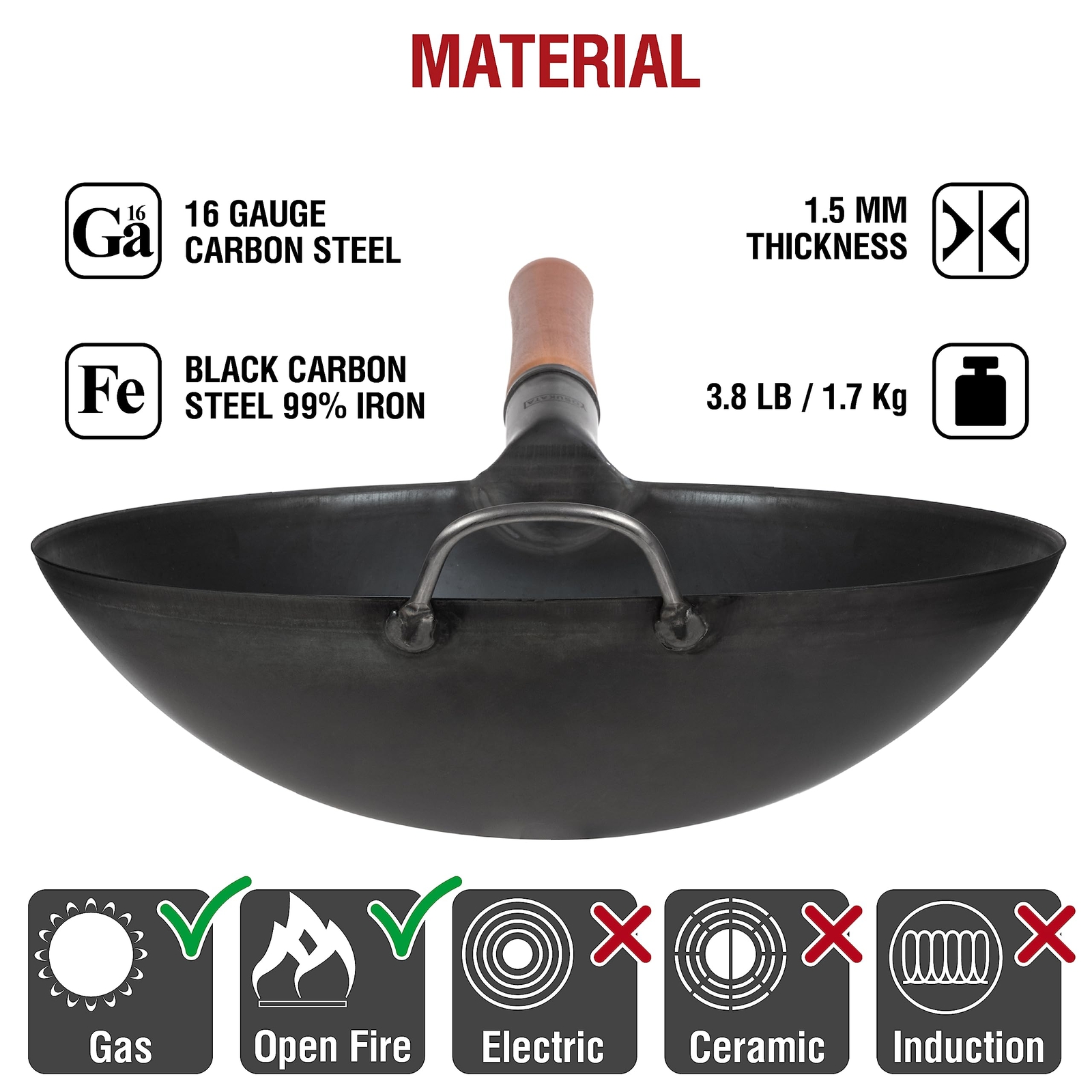 Carbon Steel Wok Pan - 14 in Woks and Stir Fry Pans - Chinese Wok with Round ...