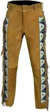 Men Native American Western Cowboy Leather Pants Suede Fringe Full Leg Beaded