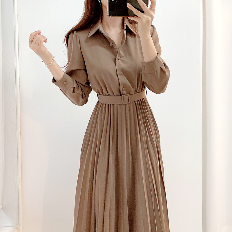 Lady Pleated Shirt Dress Ruched Tunic Swing Belted Long
