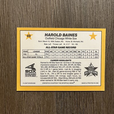 1986 Donruss All-Stars Large Jumbo Baseball Card #49 Harold Baines