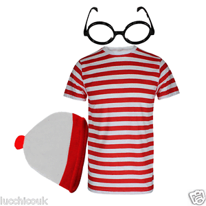 RED WHITE STRIPED SHORT SLEEVE T SHIRT HAT GLASSES FANCY DRESS COSTUME SET STAG