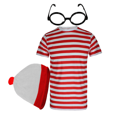 Girls Boys Kids Red White Striped T-Shirt Hat Glasses Book Week Fancy Dress LOT