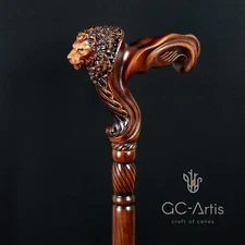Walking Stick Cane Ergonomic, Style Wooden Lion, Designer Handle Stick Gift