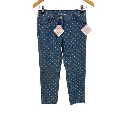 Hanna Andersson Jeans Girls 140 Blue Denim White Polka Dot Adjustable Waist NEW