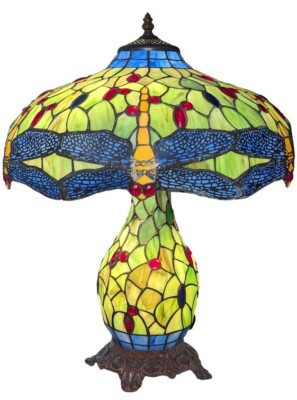 Tiffany Libelle, blau/grün große Tischlampe mit 3 Birnen 55 cm