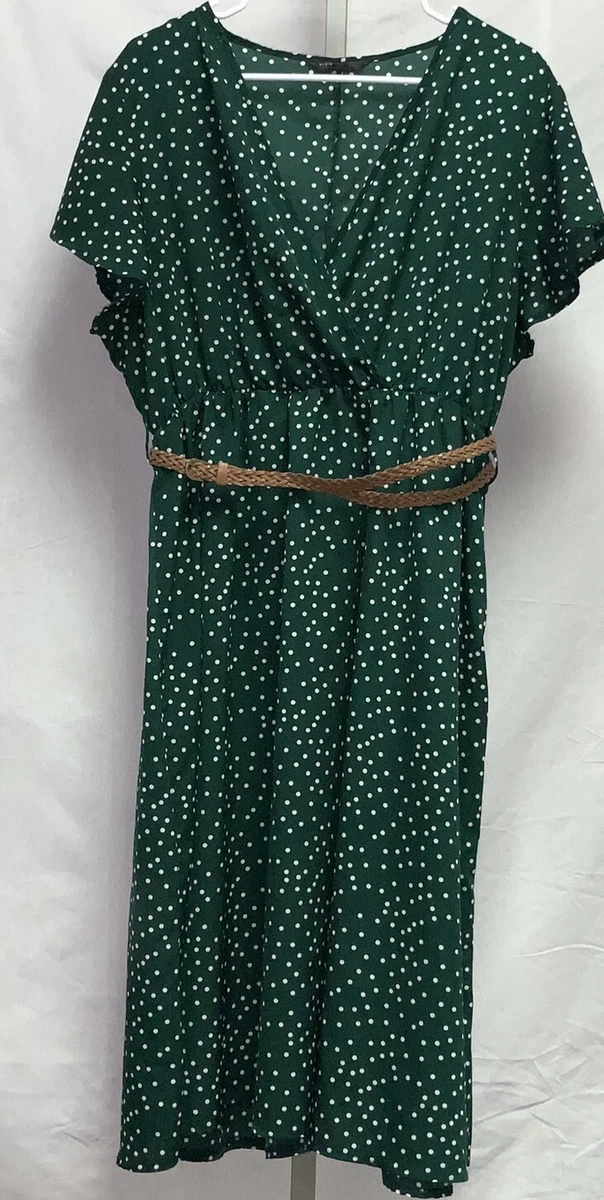 Shein Curve Green Polka Dots V Neck Dress Plus Size 2XL