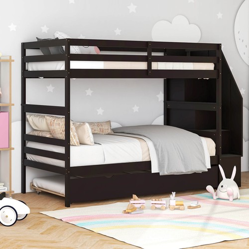 Twin over Twin Wooden Bunk Bed w/ Trundle Storage Stairs Convertible Espresso - Picture 6 of 10