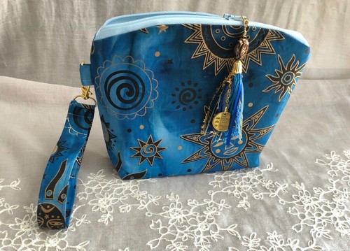 HANDMADE accessory BAG pouch, makeup, travel cosmetic blue SUN tassel charm - Picture 2 of 2