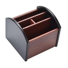 Wooden Revolving Desk Organizer with 4 Compartments for Office Supplies Remote