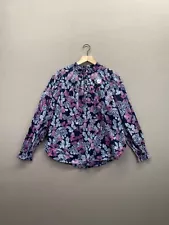 Loft Womens Blue Shirt Long Sleeve Leaf Pattern Crew Neck Button Up Size Medium