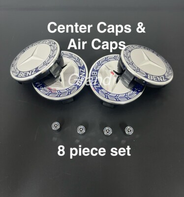 8 Piece BLUE / CHROME Set Fits Mercedes-Benz Wheel Center Caps & Tire Air Caps