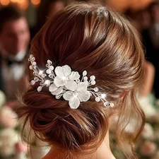Flower Wedding Hair Clip Silver Pearl Barrette Floral Bridal Hair Accessories...