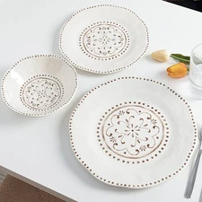 LEHAHA Beaded Crackle 12 Piece Melamine Camping Dinnerware Set, Plates Ivory 