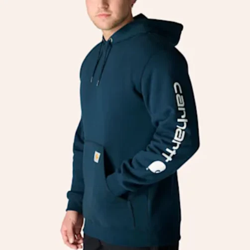 Mens Graphic Sleeve Hoodie Navy Midweight Pullover Workwear Sweatshirt L