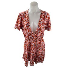 Zara Pink Orange Floral Short Flutter Sleeve Plunge V-neck Mini Wrap Dress Sz L