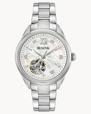BULOVA LADIES SUTTON AUTOMATIC OPEN APERTURE MOTHER OF PEARL DIAL WATCH 96P181