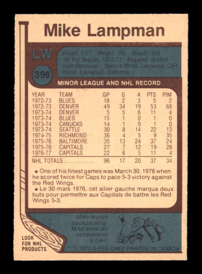 1977 O-Pee-Chee NHL #396 Mike Lampman   EXMT/EXMT+ X3199049 - Image 2 of 2