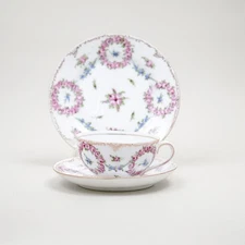 Antique Dresden Porcelain Hand-Painted Rose Trio Cup Saucer Plate