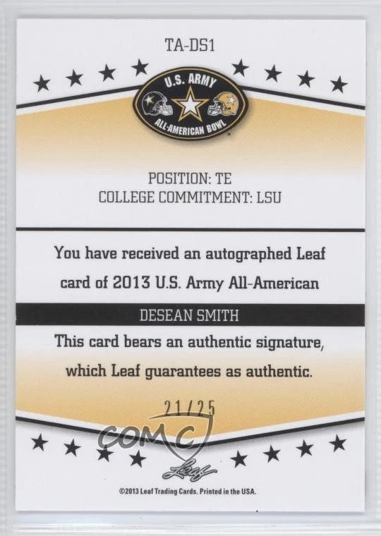 2013 Leaf US Army All-American Bowl Tour Green Ink /25 DeSean Smith #TA-DS1 Auto - Image 2 of 2