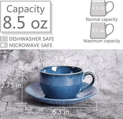 Ceramic Coffee Cup Mug with Saucer Set of 2 for Latte, Cappuccino