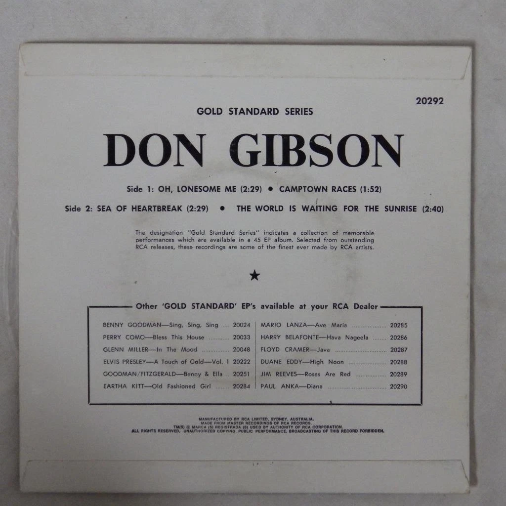 Don Gibson Oh Lonesome Me EP 7" 45 rpm vinyl picture sleeve Oz RCA / Victor 1957