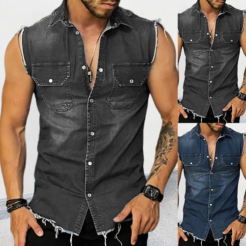 Mens Black Tank Top Stonewash Sleeveless Cut Off Denim Shirt Frayed Sleeves Vest - Picture 1 of 10