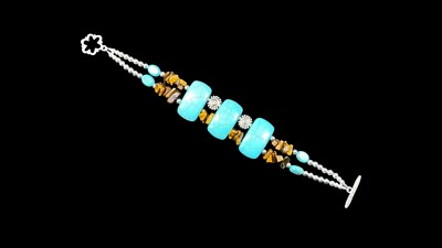 Avante Jewelry Aqua Faux Turquoise Beaded Bracelet Silver Tone Brown 7.25 in