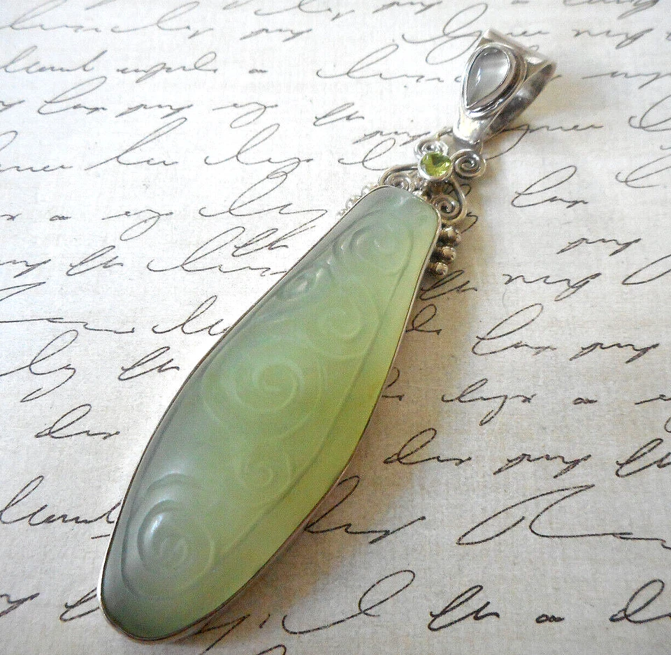 Large Sajen Sterling Silver Swirl Carved Green Quartz Peridot Pendant  RE81H - image 2 of 4