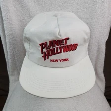 VTG Planet Hollywood New York Trucker Hat Cap White Strapback Red Logo Made USA 