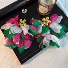 Oversized Summer Flower Earrings Dangle Drop Screw Back Alloy Chiffon Fabric