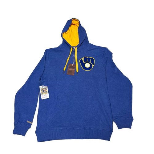 Men’s Mitchell & Ness MLB Milwaukee Brewers Navy Blue Hoodie Size Medium