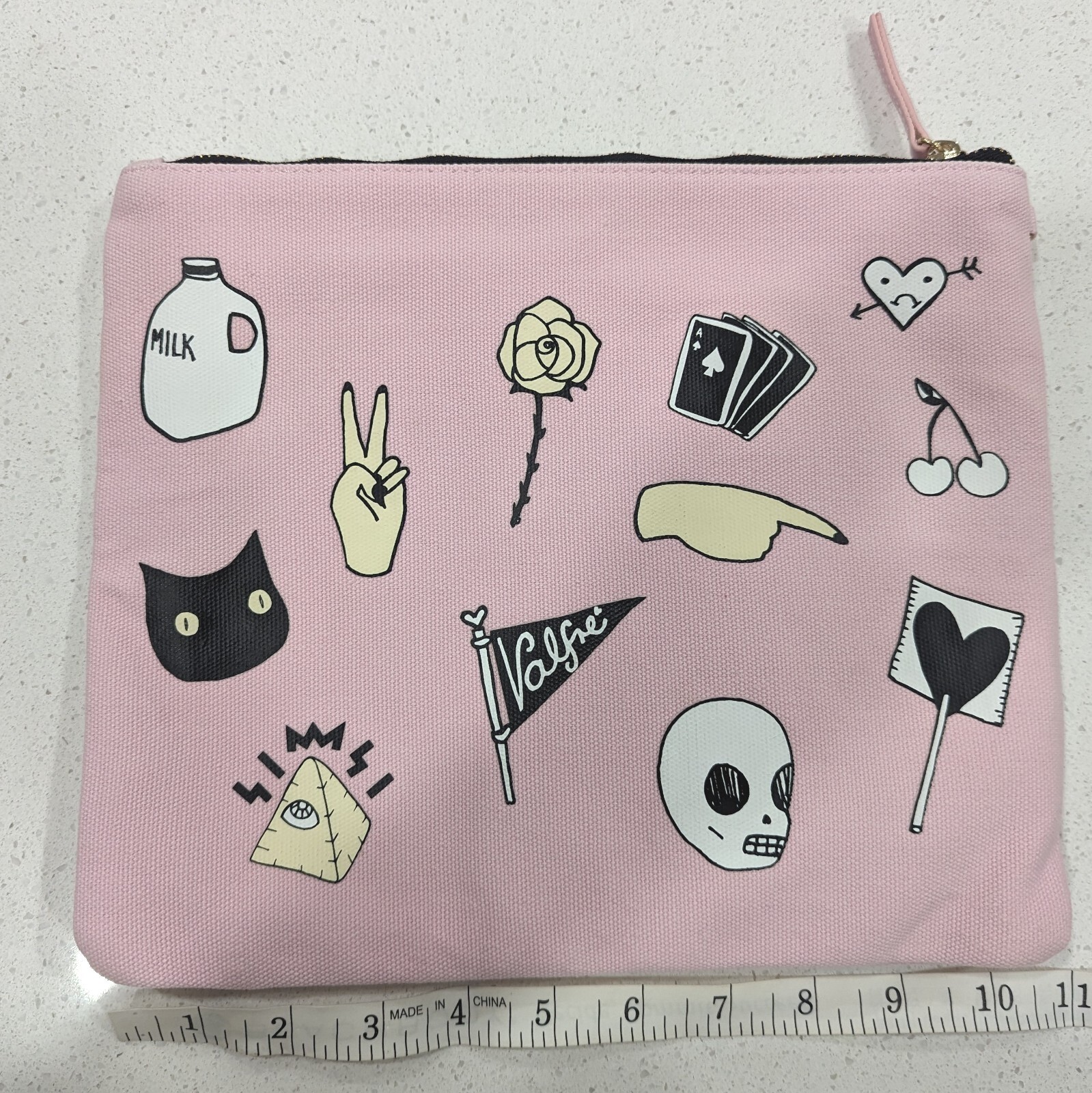 RARE Valfre 11"x9" Pink Halloween HTF Print Zipper Pouch Makeup Bag